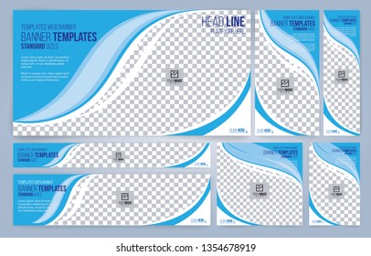 Blue and White Web banners templates, standard sizes with space for photo, modern design