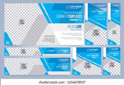 Blue and White Web banners templates, standard sizes with space for photo, modern design