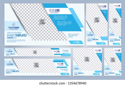 Blue and White Web banners templates, standard sizes with space for photo, modern design