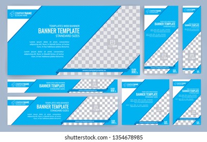 Blue and White Web banners templates, standard sizes with space for photo, modern design