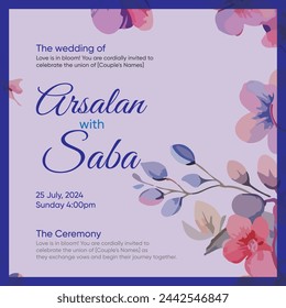 a blue and white wedding card with flowers and a blue background.