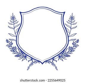 Blue and white wedding Crest template with herbs, eucalyptus and fern branches. Chinoiserie inspired. Perfect for wedding design, invitations and greeting cards. Vector