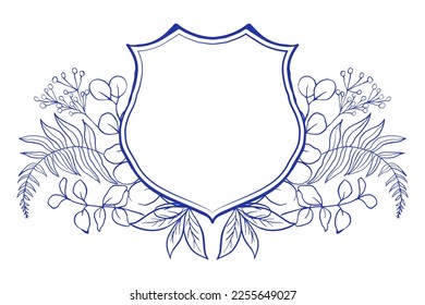 Blue and white wedding Crest template with herbs, eucalyptus and fern branches. Chinoiserie inspired. Perfect for wedding design, invitations and greeting cards. Vector