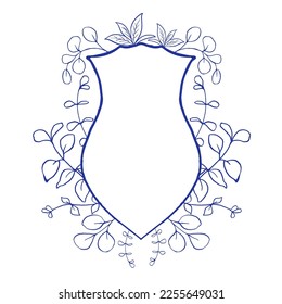 Blue and white wedding Crest template with herbs, eucalyptus and fern branches. Chinoiserie inspired. Perfect for wedding design, invitations and greeting cards. Vector