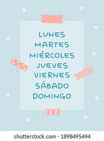 Días de la Semana Azul y Blanca de lunes a domingo sobre fondo azul con cinta de washi rosada y papel estampado con líneas y corazones para calendario o planificador. Idioma español