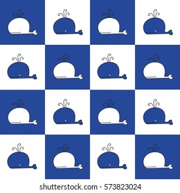 Blue and white whale vector, illustration, free hand background
