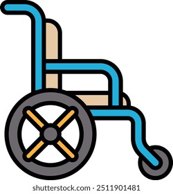 A blue and white wheelchair with a yellow wheel. The wheel is in the center of the image and is surrounded by the frame