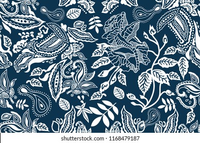 Blue and white wide print. Seamless vector pattern with paisleys, leaves, roses and other floral elements. Vintage textile collection.