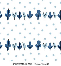 Resumen de invierno azul y blanco: patrón sin fisuras con árboles y copos de nieve. Texturas dibujadas a mano a la moda Fondo invernal. Snowy Diseño abstractivo para papel, tela, decoración interior, envoltura