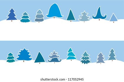 Blue and white winter forest  background with trees - Christmas, New year theme
