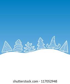 Blue and white winter forest  background with trees - Christmas, New year theme