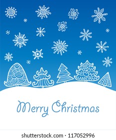 Blue and white winter forest  background with trees - Christmas, New year theme