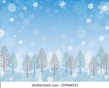blue and white winter landscape with trees and snow