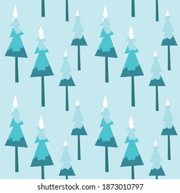 Blue and white winter simple seamless pattern with frozen pine trees