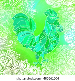 Blue and white winter typography square card with New Year 2017 doodle rooster, white ornament and snowflakes. Vector illustration