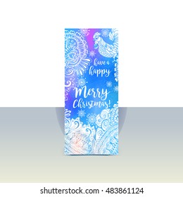 Blue and white winter typography vertical flyer or header, banner with Have a Happy Merry Christmas wishes and ornaments doodle rooster. Vector