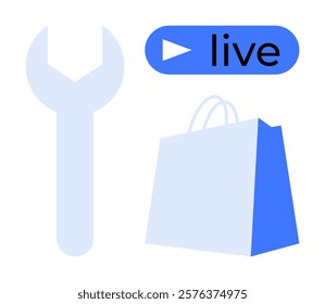 Blue and white wrench tool, live streaming button, and shopping bag with letter S. Ideal for online shopping, live streaming, technology tools, repair services, e-commerce. Modern, sharp, clean