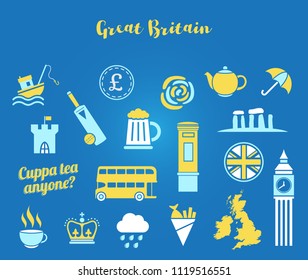 Blue, white and yellow Great Britain icon vector set. Flat icons for web and mobile
