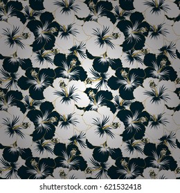 Blue, white and yellow Hibiscus seamless background. Aloha hawaiian shirt vector seamless pattern.