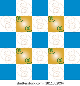 Blue, white and yellow squares. Pattern element with spirals in squares.