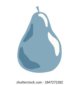 Blue whole pear with twig isolated on white background. Scandinavian pear hand drawn in doodle style vector illustration.