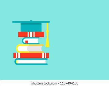 Blue wide background with stack of books and graduation cap or mortar board. Flat study backdrop. Vector illustration. Education, knowledge
