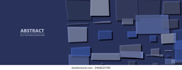 Blue wide banner with irregular geometric rectangle shapes. Abstract background with naive art. Evolved minimalism retro vector illustration