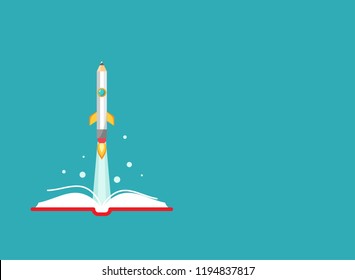 blue wide horizontal background with open book and rocket pencil with fire. Vector flat illustration. reading and learning power logo. Imagination, inspiration, fantasy, creative. Idea shuttle