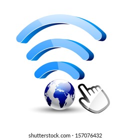 Blue wifi icon with cursor and globe