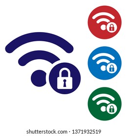 Blue Wifi locked sign icon isolated on white background. Password Wi-fi symbol. Wireless Network icon. Wifi zone. Set color icon in circle buttons. Vector Illustration