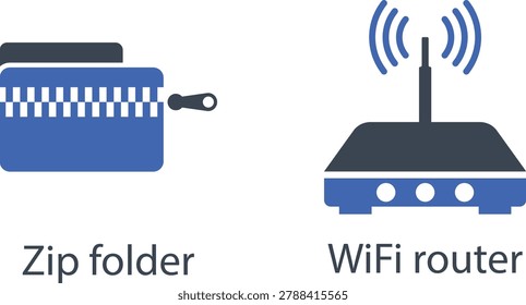 Blue wifi router and zip folder with usb flash drive on white surface