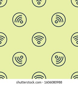 Blue Wi-Fi wireless internet network symbol icon isolated seamless pattern on yellow background.  Vector Illustration