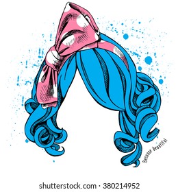 Blue Wig for girl with a pink headband. Vector illustration.