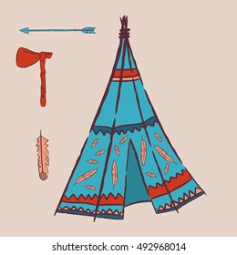 Blue wigwam. Hand drawn illustrations wigwam with decorative elements and a set of arrows, feather and tomahawk. Authentic tepee for design card. North American Indian wigwam