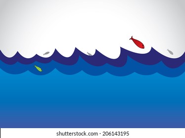 blue wild ocean sea surface with fish jumping out of water art. colorful red and green happy fishes jumping out of water in joy and happiness - wild sealife concept illustration