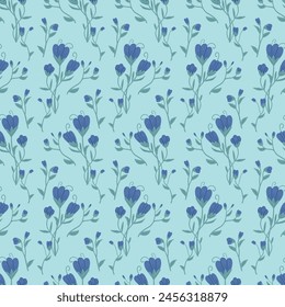 Flores silvestres azules con patrón de hojas sin fisuras. Fondo sin fin floral. Bucle de flores adorno de azulejos Verano botánico repetir cubierta. Vector plano dibujado a mano ilustración.
