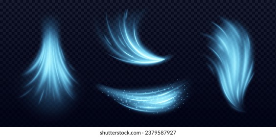Blue wind air flow light effect, cold fresh wave vector. Clean magic neon breeze motion with glow. 3d conditioner speed energy power line with dust. Transparent ice blow stream and vacuum vortex trail