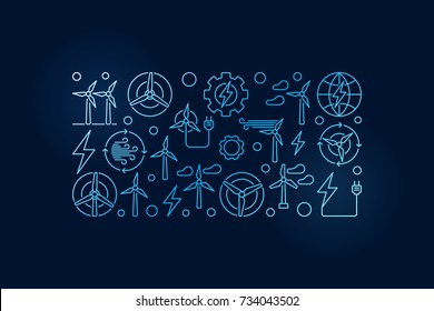Blue wind energy concept illustration made with wind turbines linear icons on dark background