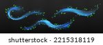 Blue wind flows, air swirls and waves with flying green leaves. Fresh wind motion with mint leaves isolated on transparent background, vector realistic illustration