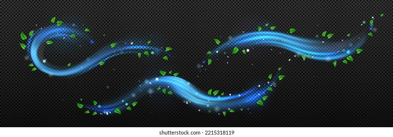 Blue wind flows, air swirls and waves with flying green leaves. Fresh wind motion with mint leaves isolated on transparent background, vector realistic illustration
