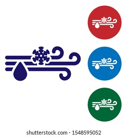 Blue Wind and rain with snow icon isolated on white background. Windy weather. Set color icons in circle buttons. Vector Illustration