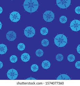 Blue Wind rose icon isolated seamless pattern on blue background. Compass icon for travel. Navigation design.  Vector Illustration