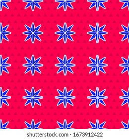 Blue Wind rose icon isolated seamless pattern on red background. Compass icon for travel. Navigation design.  Vector Illustration