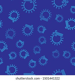 Blue Wind and sun icon isolated seamless pattern on blue background. Windy weather.  Vector Illustration