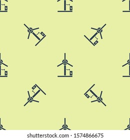 Blue Wind turbine icon isolated seamless pattern on yellow background. Wind generator sign. Windmill for electric power production.  Vector Illustration