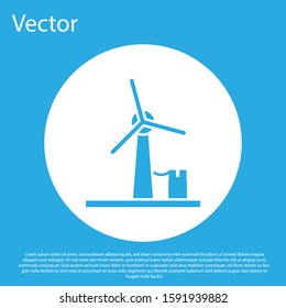 Blue Wind turbine icon isolated on blue background. Wind generator sign. Windmill for electric power production. White circle button. Vector Illustration