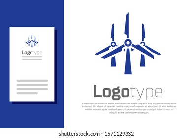 Blue Wind turbines icon isolated on white background. Wind generator sign. Windmill silhouette. Windmills for electric power production. Logo design template element. Vector Illustration