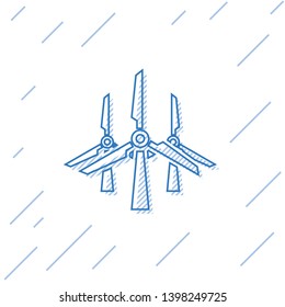 Blue Wind turbines line icon isolated on white background. Wind generator sign. Windmill silhouette. Windmills for electric power production. Vector Illustration
