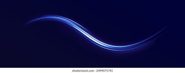 Blue wind waves effect. Abstract light motion trails with sparkles isolated on black background. Light blue Twirl. Curve light effect of blue line. Luminous blue circle.