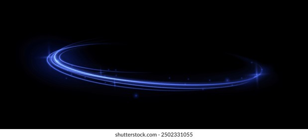Blue wind waves effect. Abstract light motion trails with sparkles isolated on black background. Light blue Twirl. Curve light effect of blue line. Luminous blue circle.